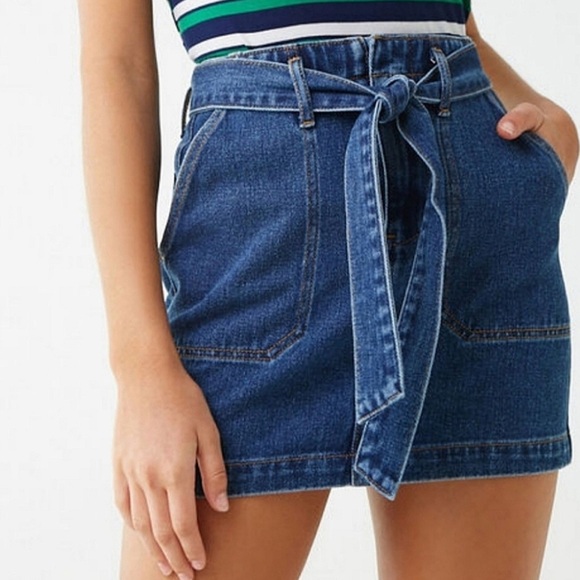 Forever 21 Denim Jean Belted Mini Skirt Tie Belt Size Large - Picture 3 of 12